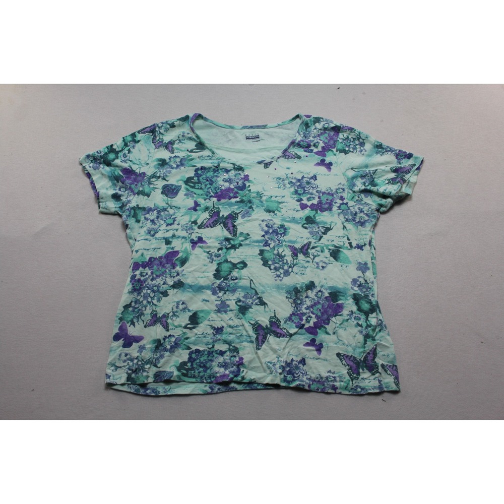 Basic Editions Tee Women Double Extra Large Teal Excellent Butterfly Floral Top